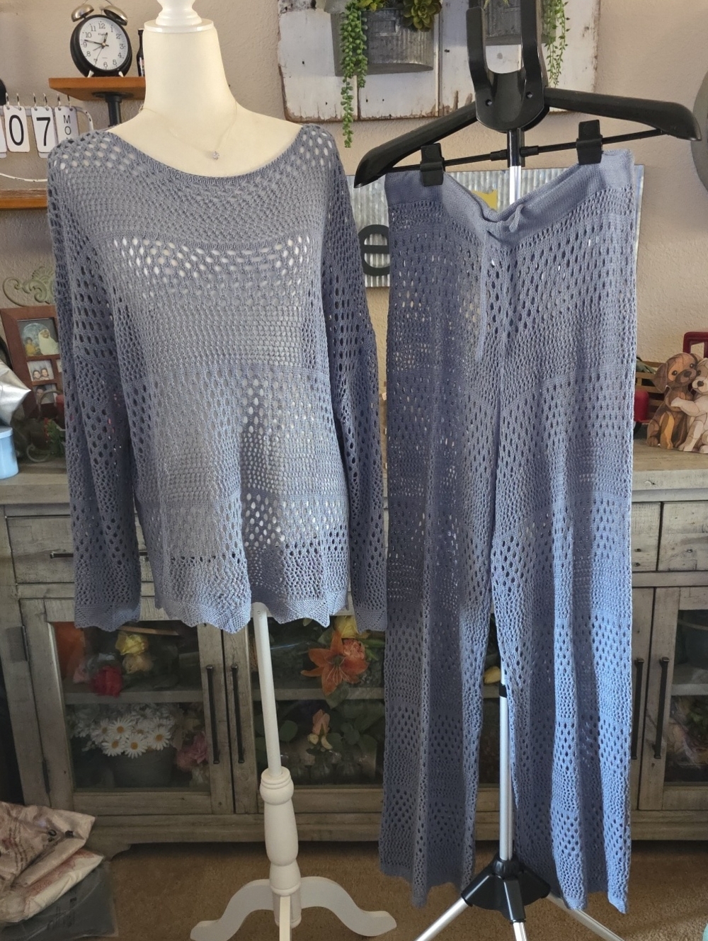 NEW Blue Grey Open-Knit Sweater & Wide-Leg Flared Pants Set